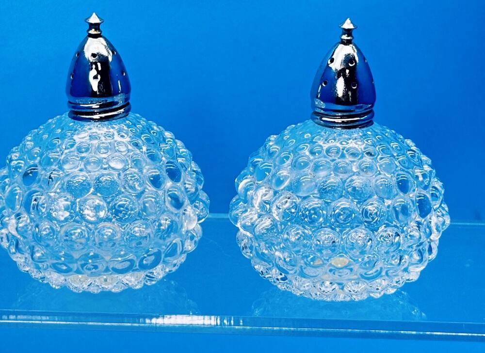 Vtg Hobnail Clear Glass Salt Pepper Shakers MCM I.W. Rice IRICe Made in Japan
